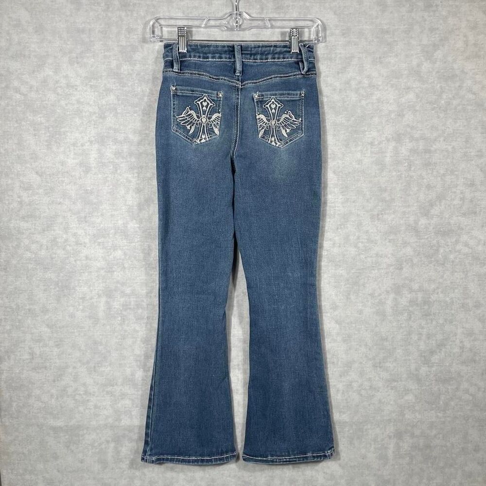 Y2K Flare Jeans with Embroidered Crosses with wings on back pockets